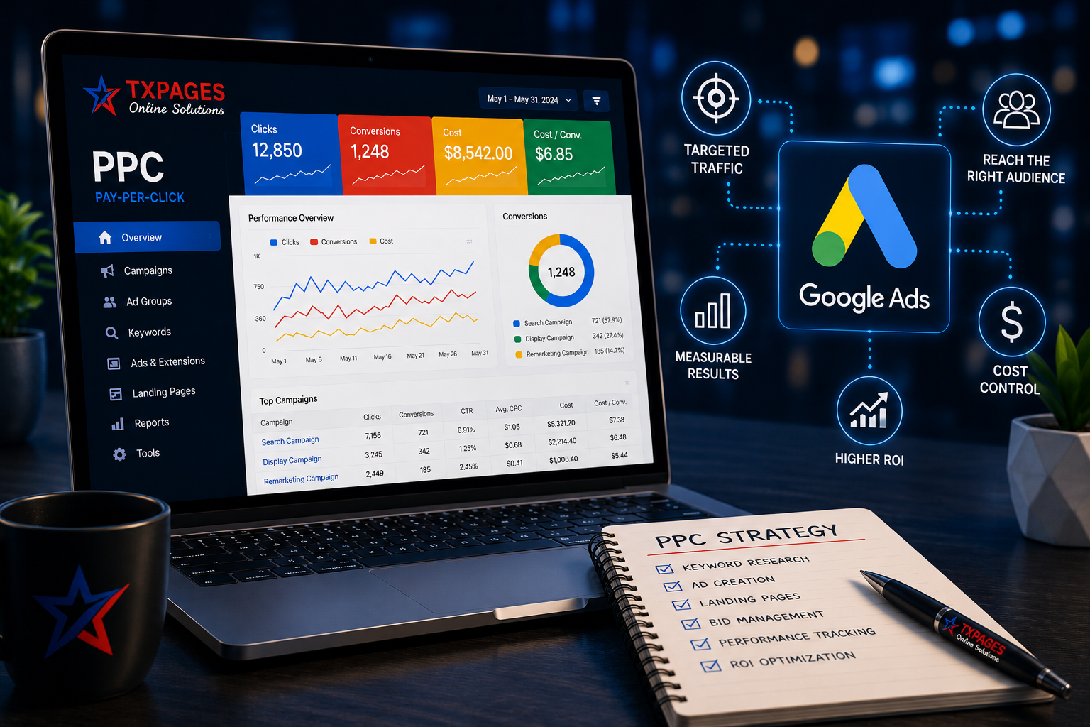 TXPAGES PPC management dashboard showing Google Ads performance with 12,850 clicks, 1,248 conversions, and $6.85 cost-per-conversion for Texas businesses