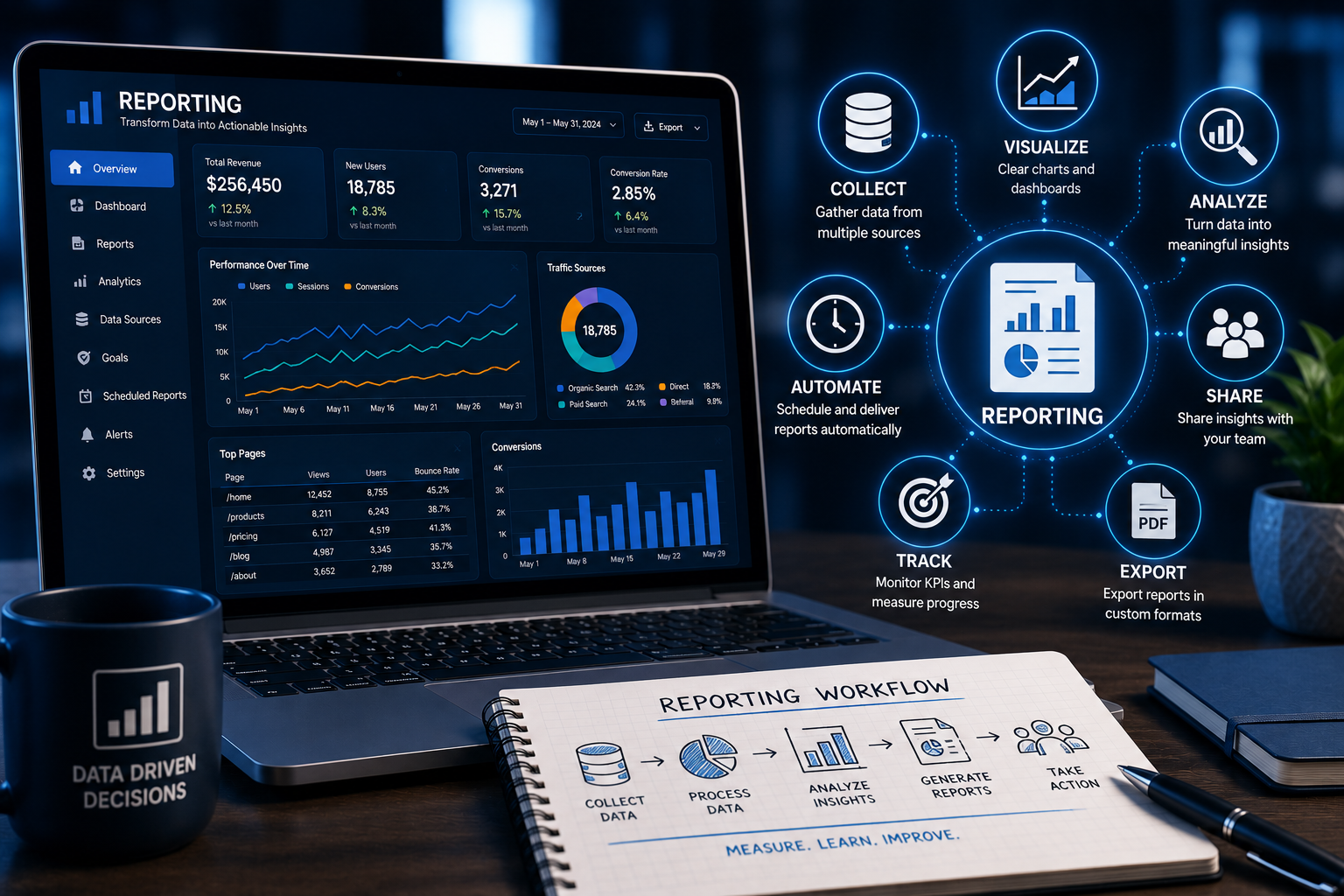 TXPAGES reporting dashboard showing $256,450 revenue, 18,785 users, 3,271 conversions, and reporting workflow — Collect, Process, Analyze, Generate Reports for Texas businesses