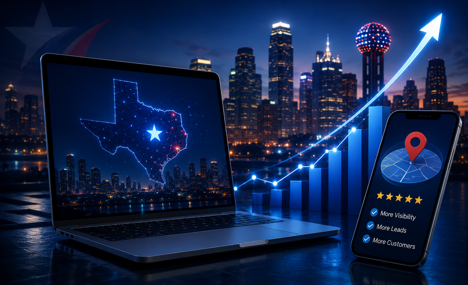Texas digital marketing growth — laptop showing Texas connectivity map, rising bar chart, and smartphone with 5-star local SEO results for Texas businesses